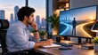 © Alamin - Man working at desk viewing an image of a person at a crossroads on a large computer screen.