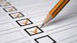 © Akash - A sharp pencil checking boxes on a detailed questionnaire paper under bright lighting. Productivity concept for business and education presentations.