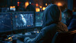 © Pug - A focused individual in a hoodie works intently at a multi-monitor setup in a dark room