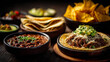 © Muslima - Mexican dinner spread with shredded beef taco nachos and chili con carne.