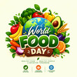 © humayra - World food day design with vibrant vegetables and earth globe isolated on light beige background.