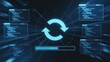 © MSTMAYA - Futuristic software update interface with circular refresh and loading bar surrounded by code windows on dark blue digital background display