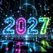 © superstock - Futuristische Jahreszahl 2027 in digitaler Welt – Leuchtende Ziffern aus bunten Datenwürfeln, globale Erde und vernetzte Strukturen symbolisieren Technologie, Innovation und Zukunft.