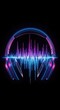 © Wachiraporn - Sleek modern headphones featuring vibrant neon blue and pink glowing outlines with a dynamic digital sound wave on a dark black background, sound wave, background, neon