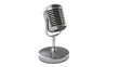 © David - Isolated retro silver microphone on stand, classic vintage vocal mic for broadcasting or music recording