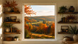 © Rabiul - Autumn landscape view through window, cozy interior with wooden shelves and books, fall forest scenery in golden hour light