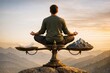 © Fotograf - A person sitting atop a mountain, using a scale to measure his weight