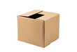 © Dexs - Open brown cardboard box isolated on a dark background for shipping and storage