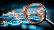 © Rosi - A magnifying glass focused on map location pins represents geolocation search and digital route planning for navigation and tracking.