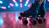 Close up of roller skates on a neon light dance floor with disco skating rink neon lights colorful lights skating boots vintage sports fun activity active lifestyle skate wheels