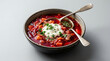 © DeanSign - Traditional Red Beet Borscht Soup with Sour Cream in Ceramic Bowl