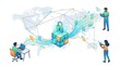 © Muhajir Muhajir - Isometric illustration of global data security and digital information protection with people working on devices.