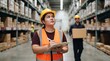 © CuteBee - Professional warehouse supervisor wearing a yellow hard hat and safety vest reviewing inventory data on a clipboard in a large logistics center with staff moving boxes in the distance