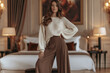 © Rebecca Jestico - Woman in cream knit sweater and wide leg brown trousers posing confidently in an elegant luxury hotel bedroom