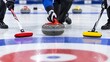 © Perfect Pixel Studio - Professional curling players sliding red stone on ice during winter tournament match with brooms sweeping sheet towards target rings competition