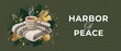 © Fernando - Cozy tea cup knit blanket resting with steaming hot drink for peaceful winter hygge aesthetic, featuring harbor of peace typography banner, gold brush stroke art, and dark green background copy space.