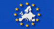 © aura - A white map of Europe surrounded by a ring of twelve yellow stars on a solid blue background, styled with a distinct 3D drop-shadow effect. UE concept map.