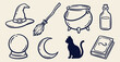 © Irfan - Set of hand drawn outline magic icons including witch hat, broom, cauldron, crystal ball, and spellbook