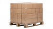 © RIFAT AHOMED MIYAZE - A full wooden pallet loaded with numerous brown cardboard boxes, tightly secured with transparent plastic wrap, ready for distribution.