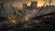 © tanaes - Fallen golden royal crown lying abandoned in dirt and rubble on a dark battlefield with a distant burning medieval castle fortress.