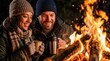 © Elenba - Smiling couple drinking hot coffee near glowing bonfire at night. Man and woman in winter clothing by fire pit