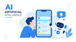 © StudioPixel2 - Businessman searching for work ideas on a smartphone with AI assistance, AI robot, light bulb icon, search interface, and digital technology concept in flat design. Vector illustration