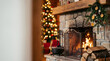 © cokninghap - Rustic stone fireplace with blazing wood fire, decorated mantle wreath, and blurred illuminated Christmas tree in cozy cabin