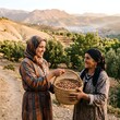 © Sri - Two Moroccan Women in Traditional Clothing Sharing Harvest of Argan Nuts in Rural Mountain Landscape