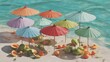 © Tan - Collection of brightly colored paper parasols and tropical fruits on a sunny beach setting beside the ocean
