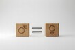 © Adobe 2.0 - Minimalist 3d render of wooden cubes featuring male and female gender symbols connected by an equal sign on a neutral white background representing gender equality concept
