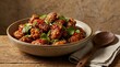© Global Vistora - Delicious stir fried beef cubes with fresh chili and herbs in a ceramic bowl on a rustic wood table. general tso chicken