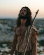 © Trendy Graphics - Rugged man with long hair and beard looking up holding a wooden staff in a desert landscape