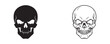 © MD - Angry human skull monochrome vector illustrations in solid black silhouette and detailed line art.