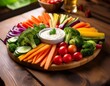 © Derek - colorful vegetable platter with dip on a wooden table during a gathering