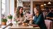 © j_everton - Two women laughing and talking over coffee and pastries at a cozy cafe table by the window