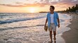 © leonardo - Man walking on beach at sunset holding hat enjoying vacation