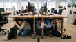 © Unimaginable Pic - Office employees taking cover under desks during an earthquake safety drill