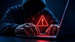 © Hamzah - Hacker typing on laptop with glowing red warning triangle and cybersecurity threat icons