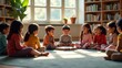 © Danil Bukharov - Wide multilingual storytime circle at library, diverse children listening to reader from different culture, soft carpet seating, warm indoor afternoon light