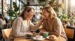 © Fridocha - Two women laughing and enjoying coffee together in a bright cafe.