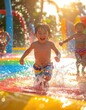 © Satsyet - Joyful children running through water splashes at a water park on a sunny day.
