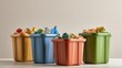 © Matcha_09 - Colorful Garbage Bins Filled with Plastic Waste and Cans on a Light Background for Recycling and Environmental Awareness