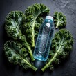© Viktor - Fresh green kale leaves surround clear plastic water bottle with water drops. Healthy organic vegetable, mineral water on dark stone background. Concept of hydration, detox, wellness, nutrition for