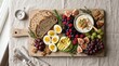 © Balaj - Rustic breakfast grazing board with boiled eggs and fresh fruit. Healthy brunch platter on wooden board. Mediterranean breakfast spread.