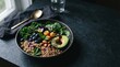 © firman - Gourmet nutrient-dense food bowl with avocado, berries, and ancient grains on elegant dark stone background for wellness and longevity marketing banner.