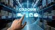 © Gibster - Cold chain logistics warehouse storage and refrigerated transport concept with hand pointing at digital interface in warehouse