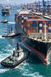 © 현욱 김 - Multiple tugboats expertly maneuvering large container ships in a busy industrial harbor, symbolizing efficient maritime logistics and international trade operations.
