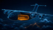 © Loki_Creo - Cargo transport plane flies through sky carrying freight showing digital wireframe design with glowing orange hold