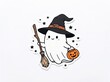 © Sawda - Cute cartoon ghost wearing a witch hat and holding a broomstick and a jackolantern bucket isolated on white background