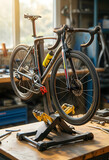Bicycle maintenance and repair, professional road bike on a workshop stand for mechanical service and tuning in a garage with tools and natural light